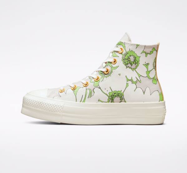 Zapatillas Altas Converse Chuck Taylor All Star Lift Plataforma Crafted Florals Marrones Verde Claro | CV-398BAQ