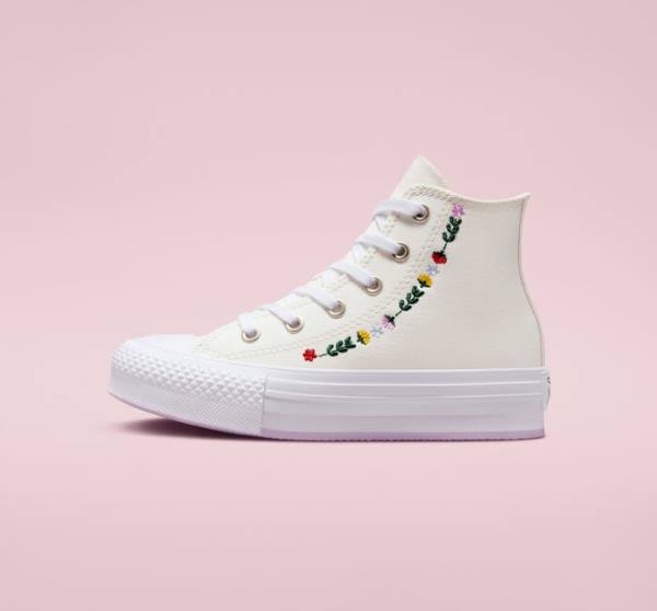 Zapatillas Altas Converse Chuck Taylor All Star Lift Plataforma Floral Embroidery Blancas Blancas | CV-804UFH