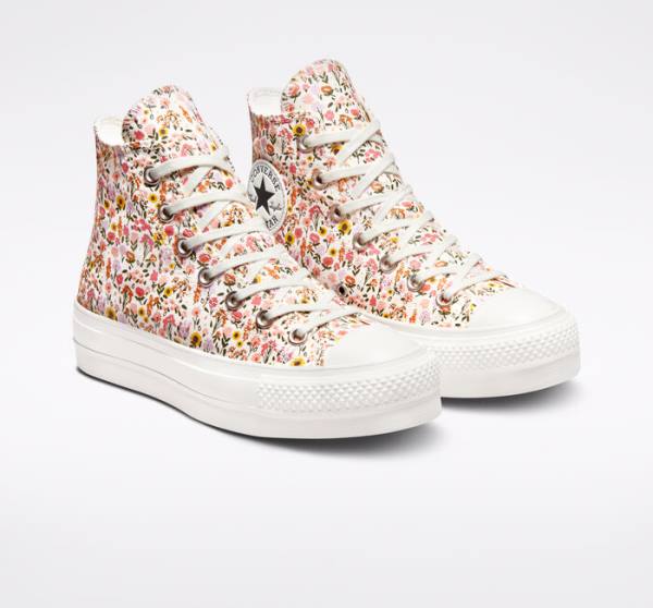 Zapatillas Altas Converse Chuck Taylor All Star Lift Plataforma Florals Beige Blancas Rosas | CV-964NWJ