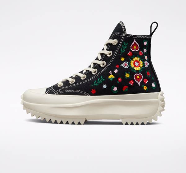 Zapatillas Altas Converse Run Star Hike Plataforma Floral Embroidery Negras | CV-029JHP