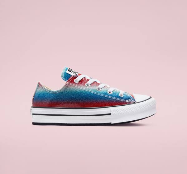 Zapatillas Bajas Converse Chuck Taylor All Star Lift Plataforma Glitter Drip Azules Blancas Rojas | CV-492WPQ